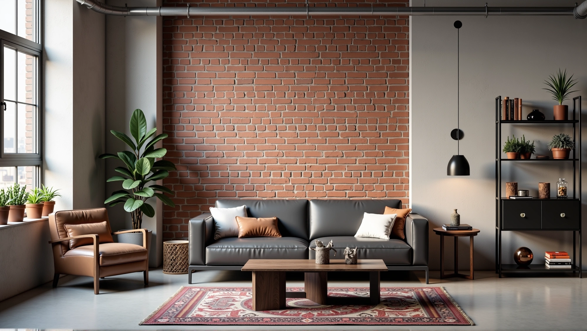 Retro Symphony of Rough Bricks and Warm Leather Living room 7