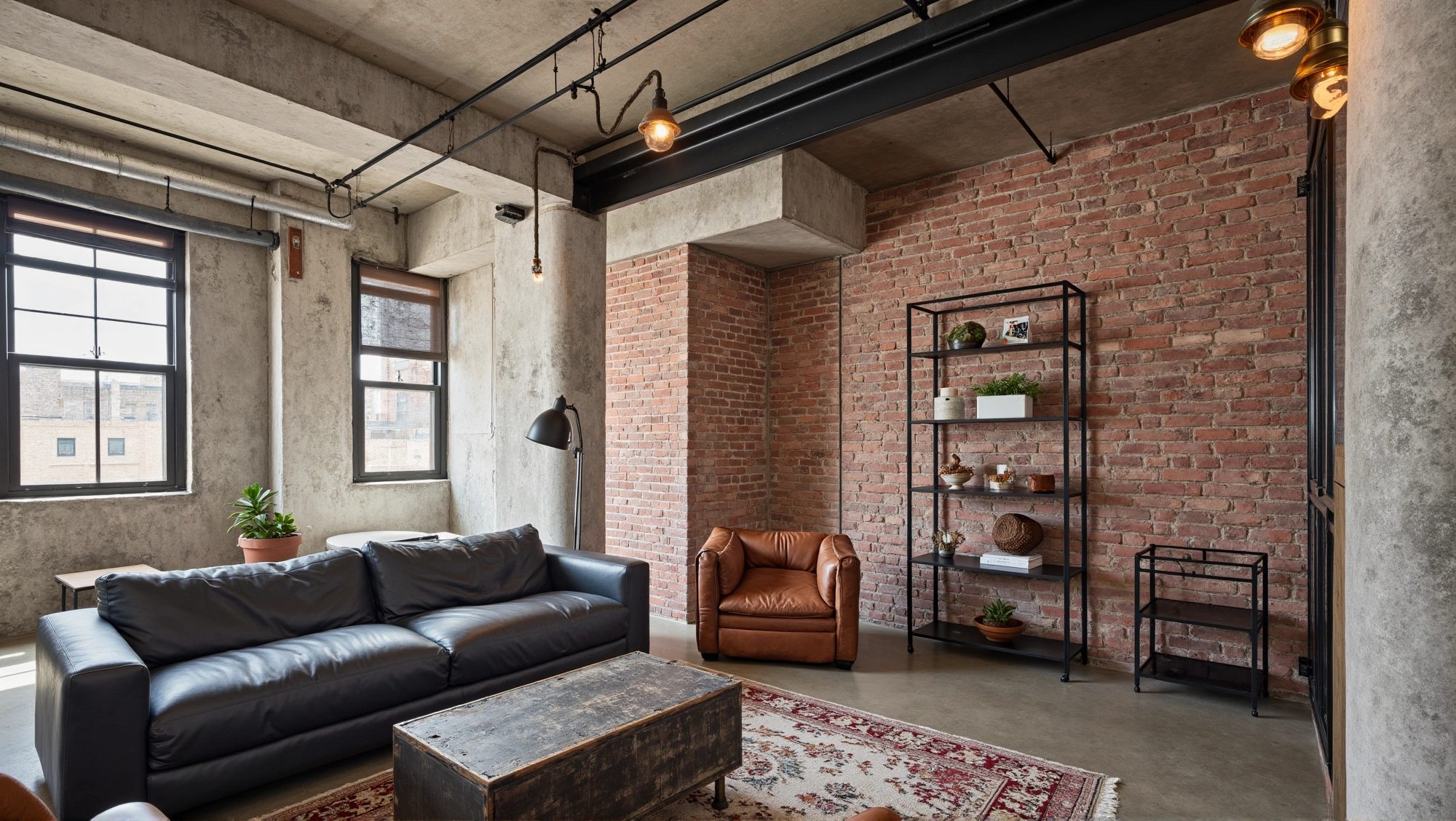 Retro Symphony of Rough Bricks and Warm Leather Living room 10