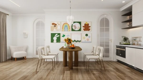 French Cream Style Residence with Playful Art dining-room