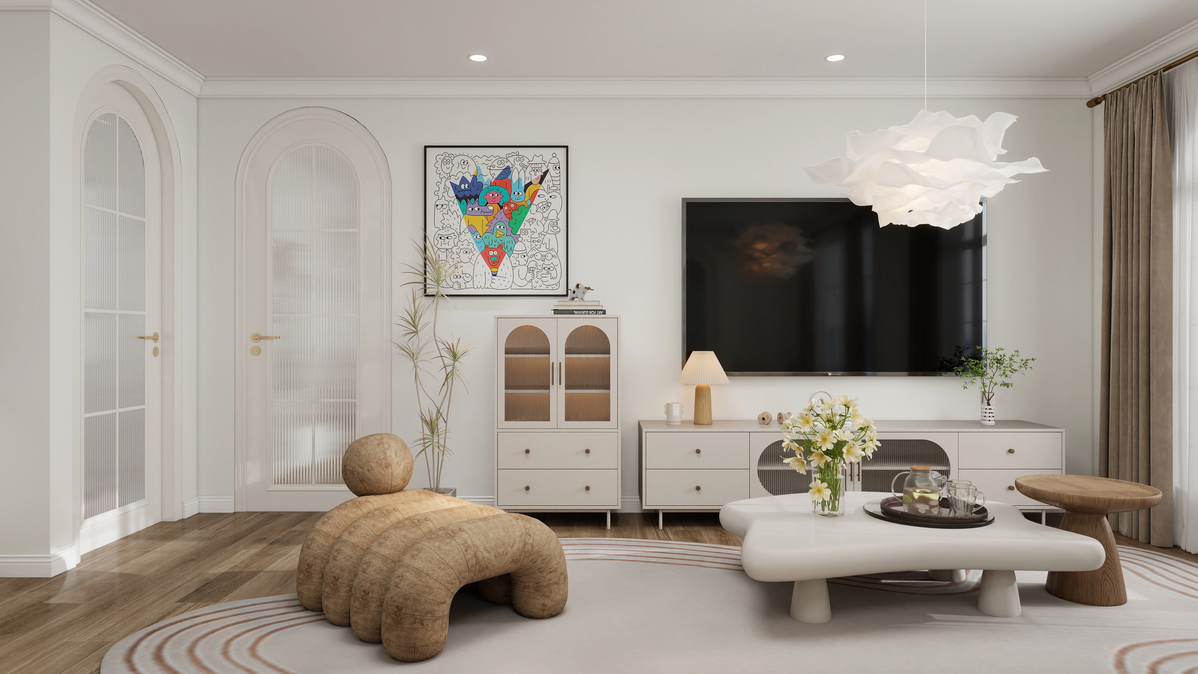 French Cream Style Residence with Playful Art Living room 4