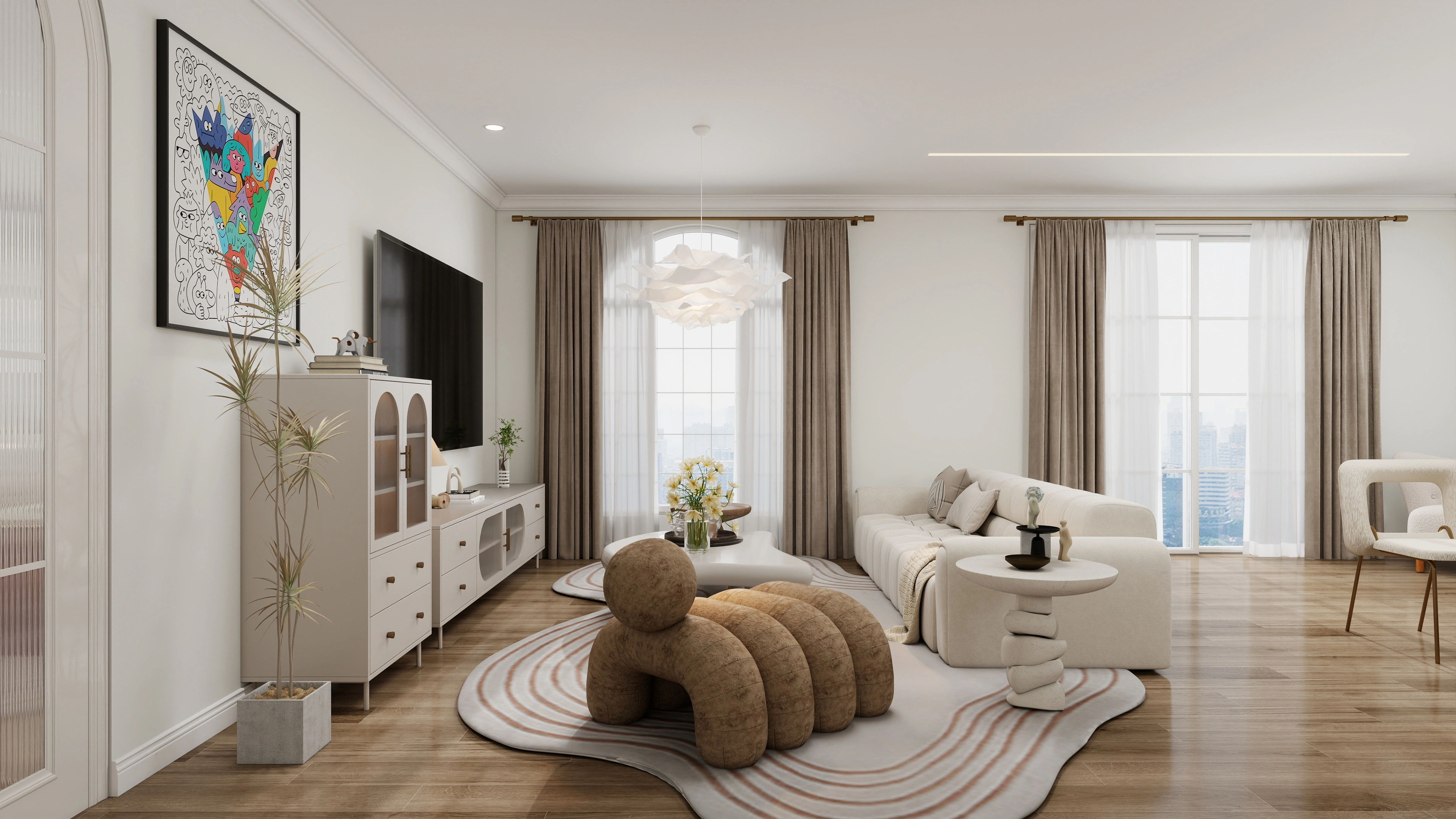 French Cream Style Residence with Playful Art Living room 3