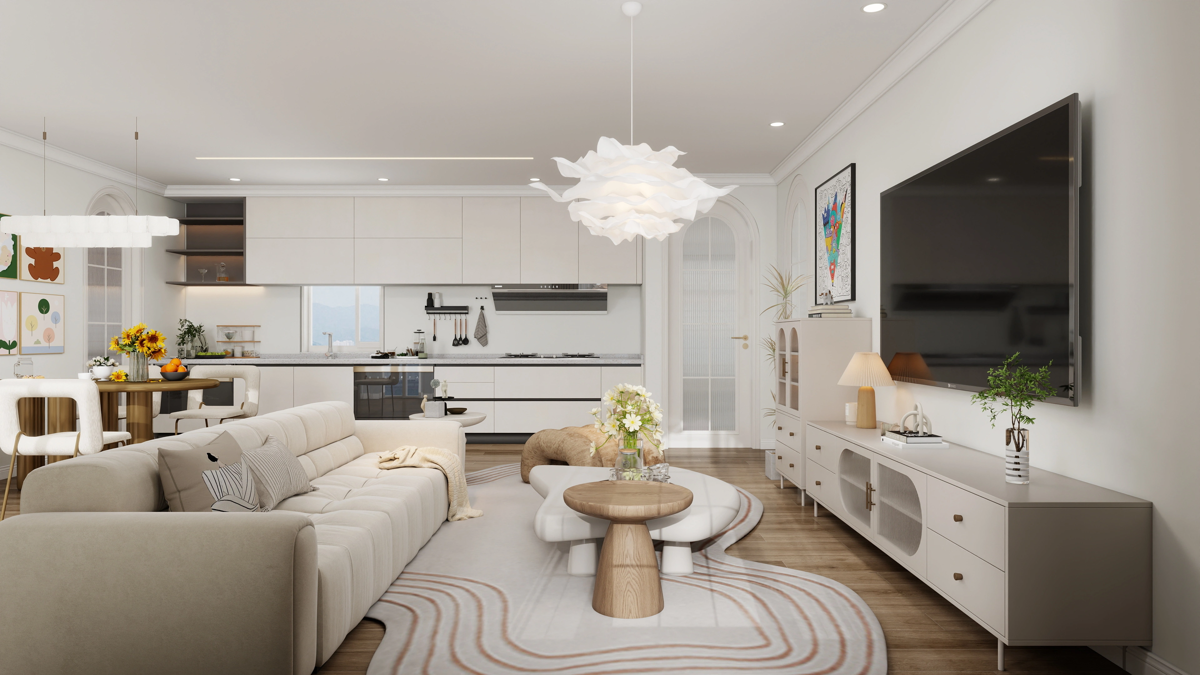 French Cream Style Residence with Playful Art Living room 2