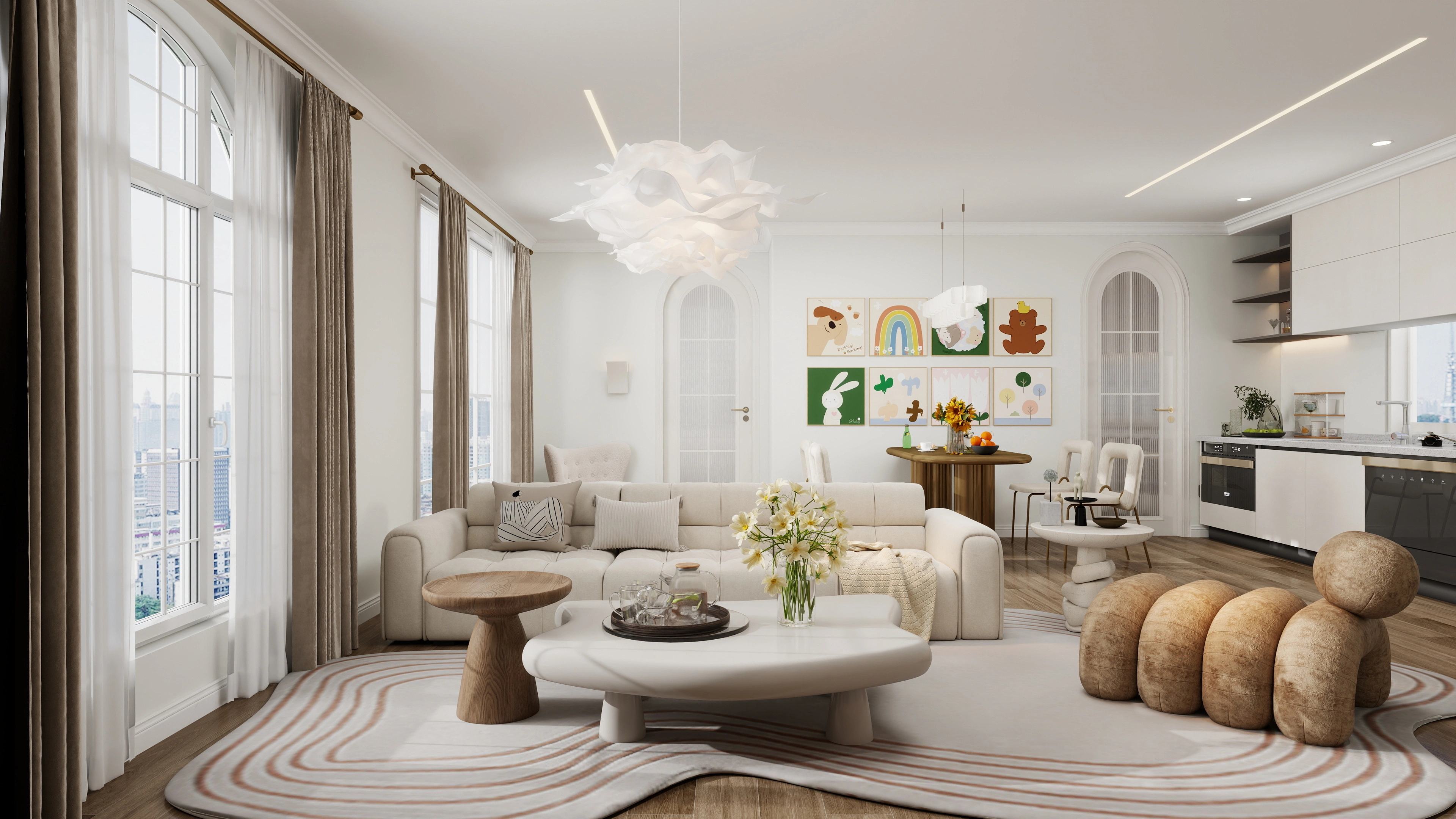 French Cream Style Residence with Playful Art Living room 1