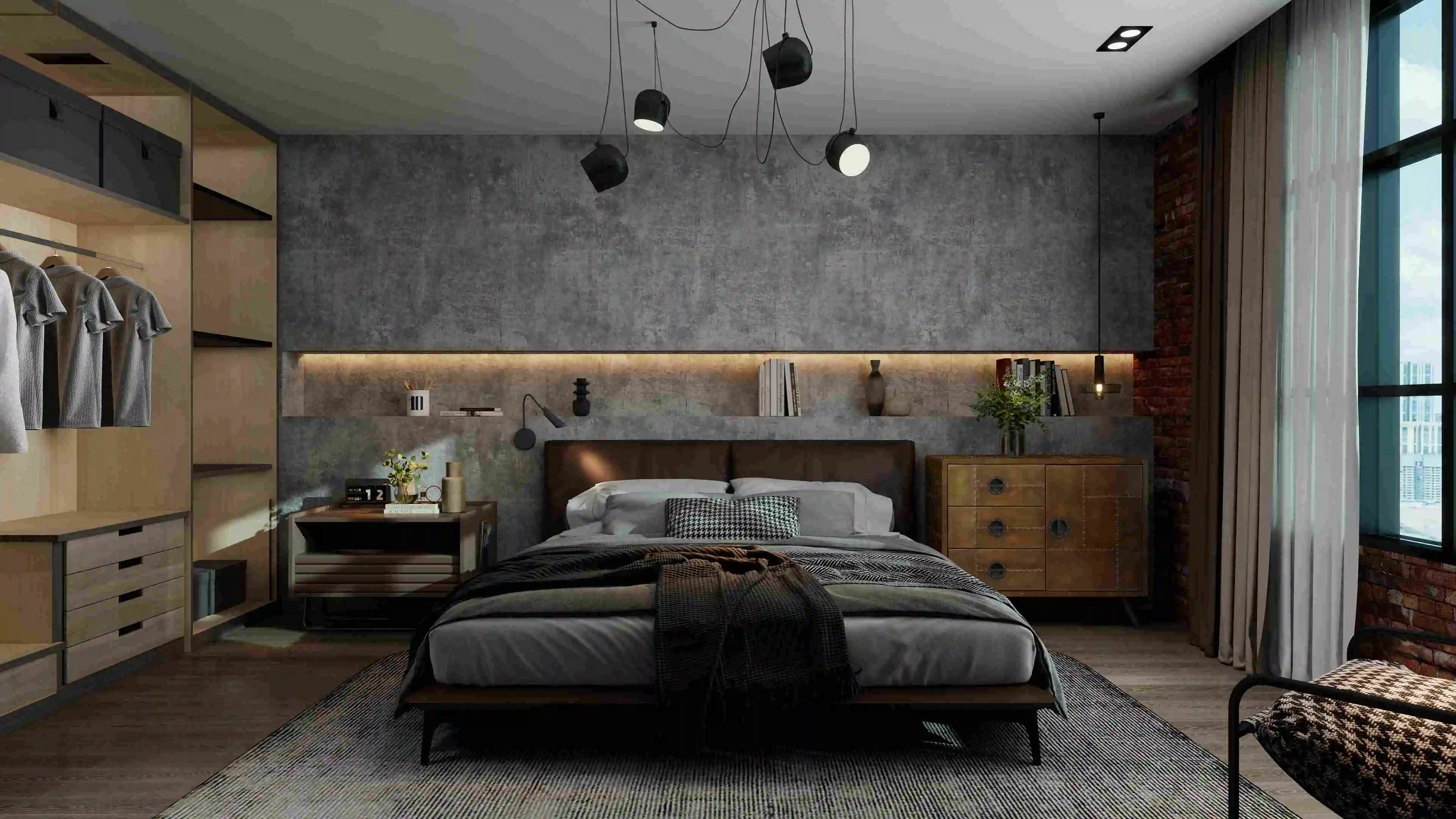 Modern Textured Dwelling with Industrial Style bedroom